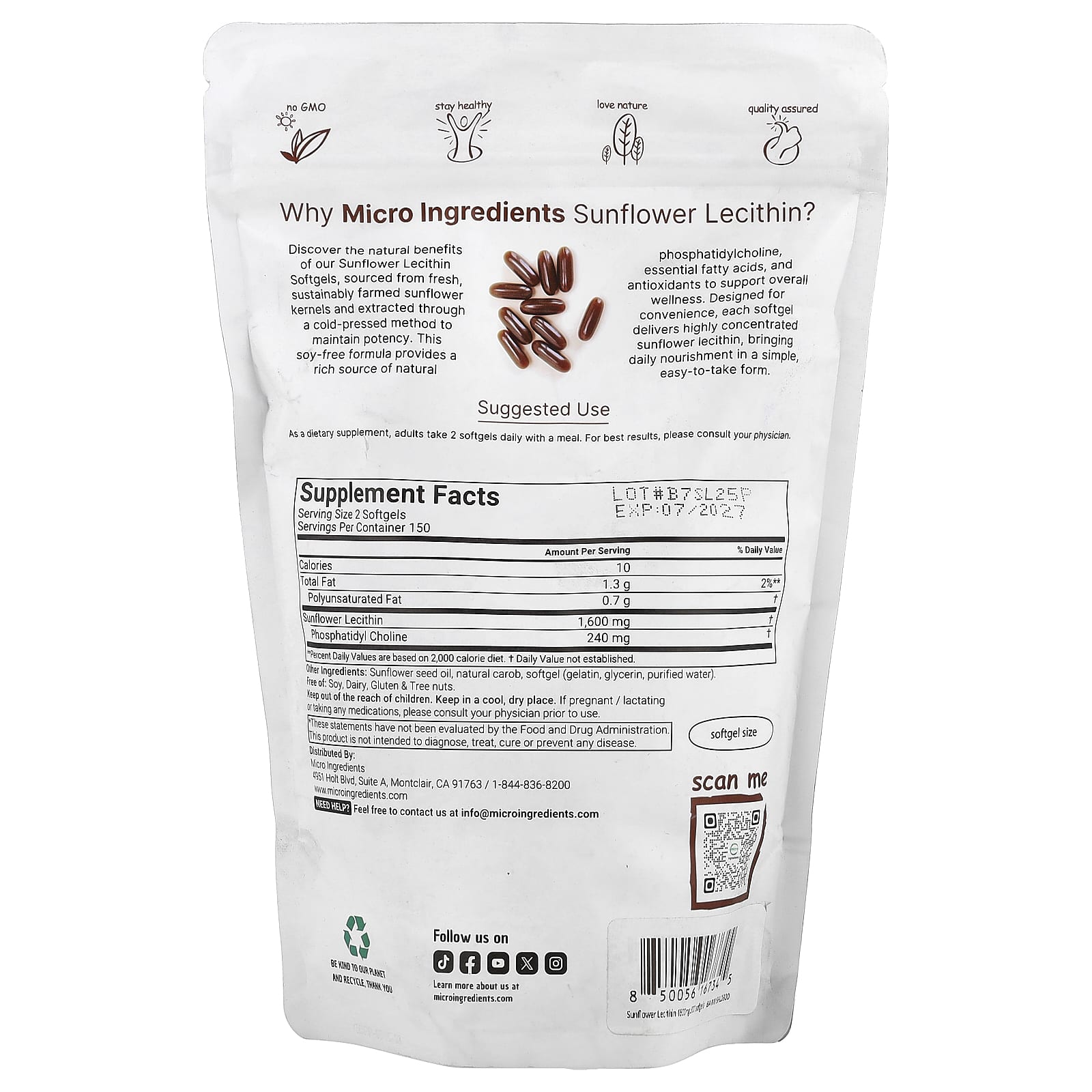 Micro Ingredients, Sunflower Lecithin, 300 Softgels (800 mg per Softgel)